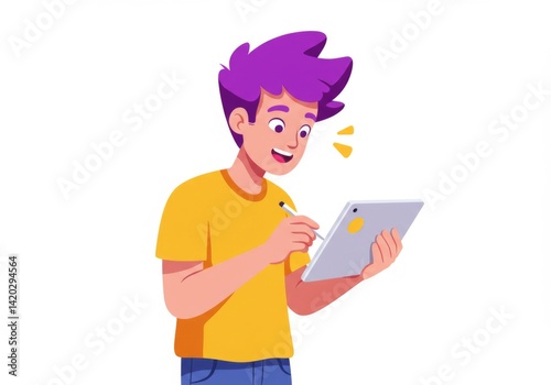 Obraz na płótnie Young person with purple hair using tablet and stylus enthusiastically w salonie