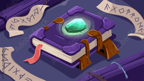A vibrant illustration of a magical spellbook adorned with a glowing gem, leather straps, and whimsical elements, perfect for fantasy and gaming projects.