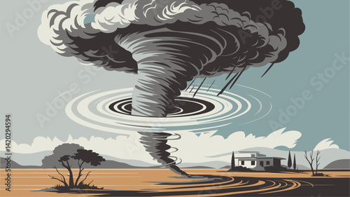 A striking vector illustration of a tornado forming in a rural setting, showcasing swirling winds and a distant house. Perfect for weather-related themes.