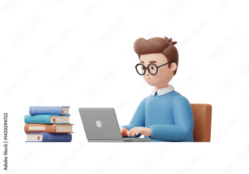 Focused person typing on laptop with books for education and learning