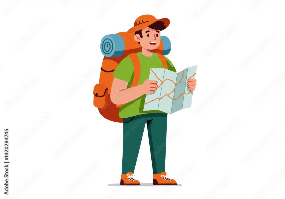 Cartoon backpacker exploring with map for outdoor adventure design