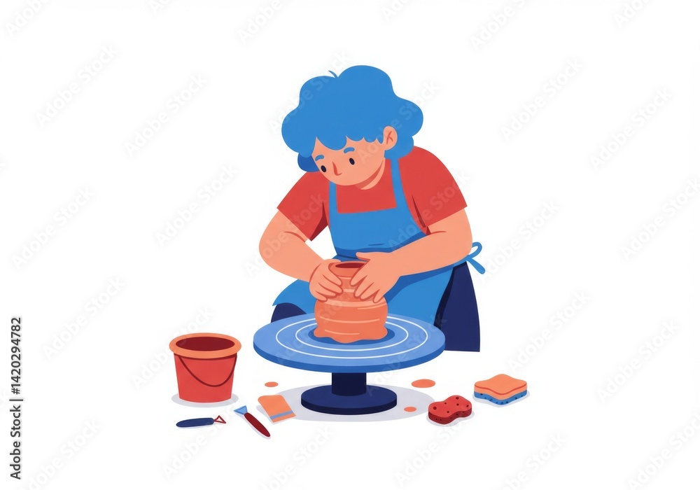Creative pottery crafting scene with young artisan shaping clay on pottery wheel