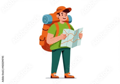 Obraz na płótnie Cartoon backpacker exploring with map for outdoor adventure design w salonie