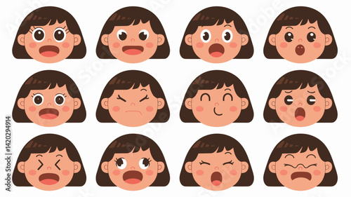 This vector illustration features a variety of twelve cartoon facial expressions of a girl with brown hair. Emotions range from happy to sad, surprised to angry, showcasing diverse feelings.