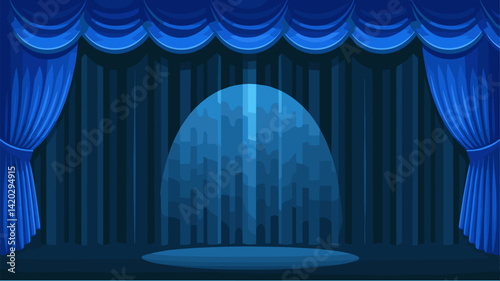 This vector image depicts an elegant theater stage adorned with rich blue curtains and a spotlight illuminating the center. Ideal for artistic performances and events.