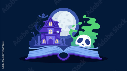 Dive into a mystical world with this vector illustration featuring a haunted house, a ghostly figure, and a full moon—all emerging from an open storybook. Perfect for Halloween-themed design...