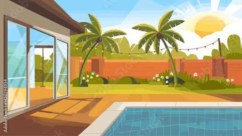 A vibrant vector illustration showcasing a serene poolside scene with a modern house, palm trees, and colorful garden elements. Perfect for summer themes.