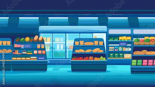 A vibrant vector illustration of a supermarket aisle featuring well-organized shelves of fruits, vegetables, and various packaged goods. Ideal for food-related themes.