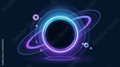 A stunning vector illustration of a cosmic black hole surrounded by colorful rings and planets. Ideal for sci-fi themes, space exploration, and digital artworks.