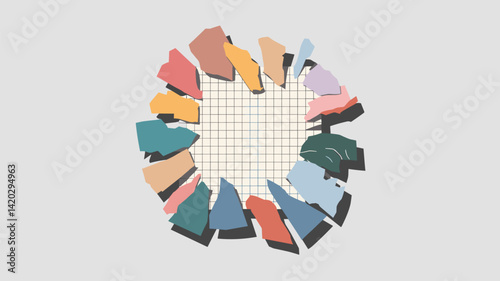 An artistic representation of colorful abstract shapes arranged in a circular frame surrounding a grid backdrop. Ideal for modern design and creative projects.