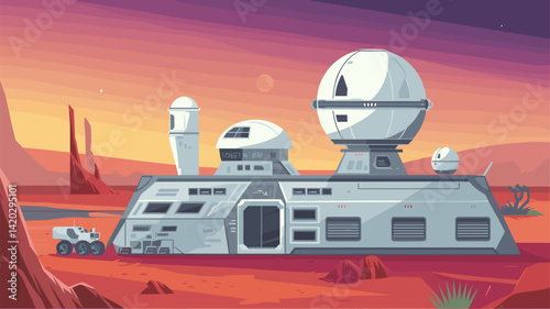 A digital illustration of a futuristic Mars base, featuring a sleek design with domes and a rover. The vibrant sunset sky enhances the sci-fi atmosphere.