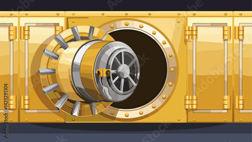 Vector illustration of a shiny golden bank vault with a detailed, open door showcasing a locking mechanism, suitable for finance or security themes.