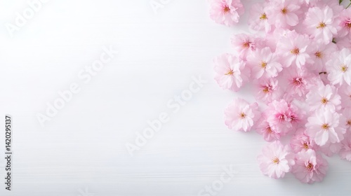 Pink Cherry Blossoms on White Wood Minimalist Style High-Resolution Soft Lighting Landscape Wide Shot Delicate Petals Spring Bloom White Background Pale Pink Tones Perfect for Spring Greetings