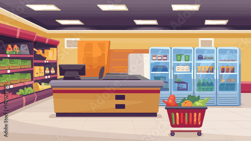 A vibrant illustration of a supermarket interior, showcasing a self-checkout area, organized grocery shelves, and a shopping cart filled with fresh produce. Ideal for retail or grocery theme...