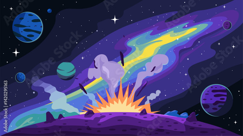 A vibrant cosmic explosion set against a swirling nebula and colorful planets. This imaginative illustration captures the magic of outer space, perfect for sci-fi themes.