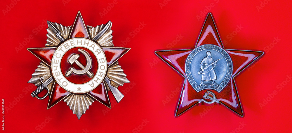 Fototapeta premium Soviet Order of the Patriotic War and Order of the Red Star . Symbol victory in World War II.