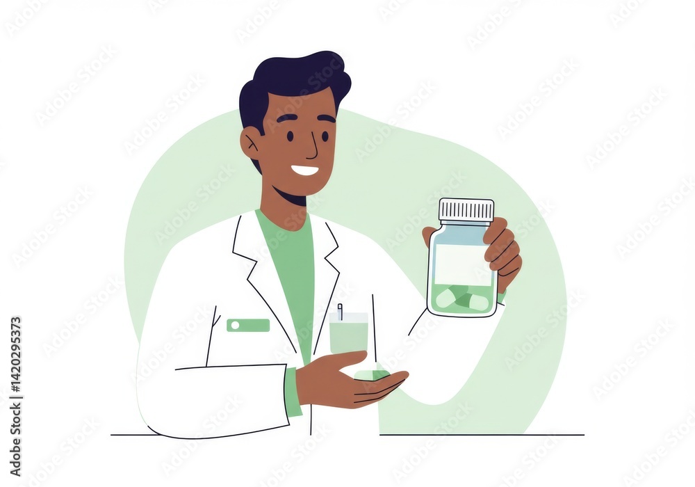 Pharmacist holding medicine bottles and pills in a healthcare setting