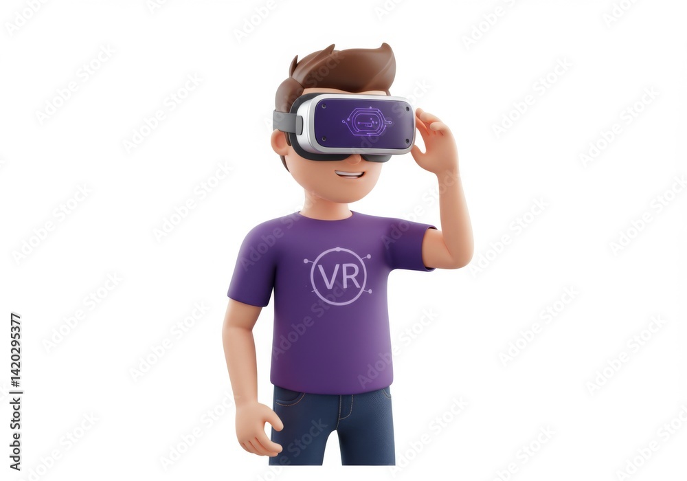 Young man experiencing virtual reality with headset and vr shirt illustration