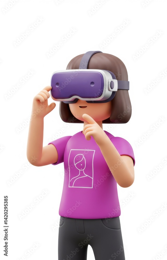 Virtual reality experience with cartoon character using headset for immersive gaming adventure