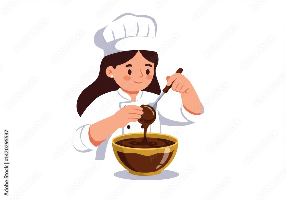 Female pastry chef mixing chocolate batter in bowl for culinary delight and baking inspiration