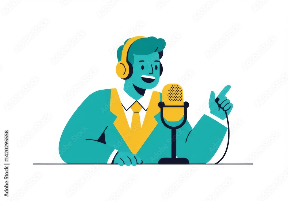 Energetic podcast host with microphone and headphones for audio broadcast and media content creation Energetic podcast host with microphone and headphones for audio broadcast and media content creation