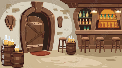 A charming tavern interior featuring a rustic bar counter, wooden barrels, and a unique door. Warm atmosphere perfect for illustrations in fantasy or game settings.