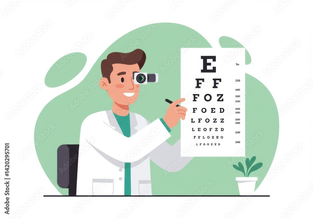 Optometrist examining eye chart in a modern clinic setting