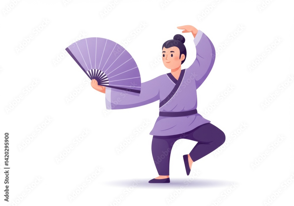 Traditional asian dance illustration featuring a performer with fan in elegant pose for cultural event design