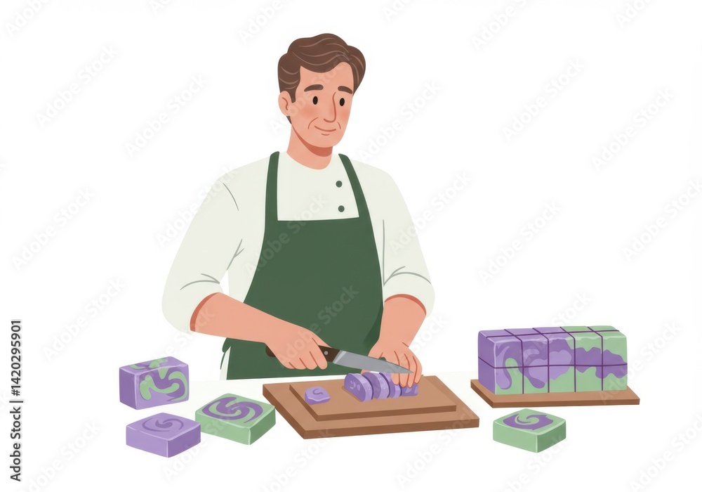 Chef slicing artisan soap bars with lavender and green swirls for organic bath products