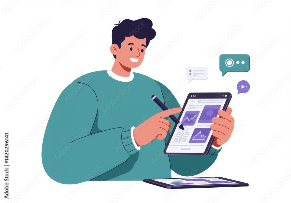 Young man using tablet for online learning and data analysis with digital communication