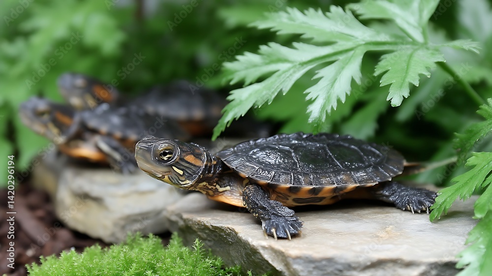Fototapeta premium Small turtles bask on rock face with foliage forming a natural idyllic landscape background.