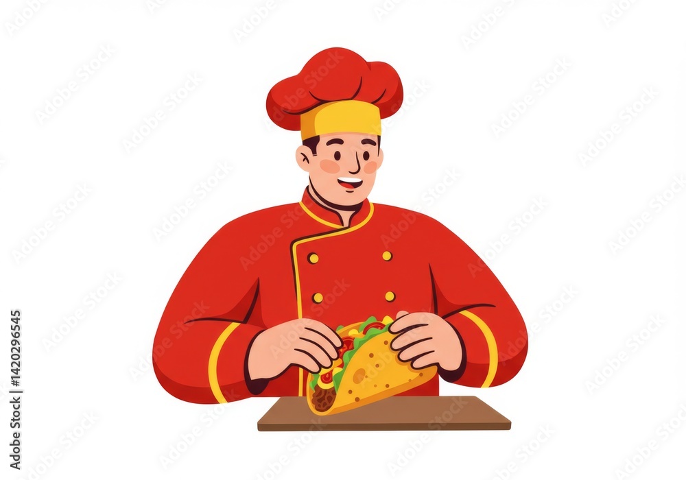 Happy chef preparing delicious taco in red uniform