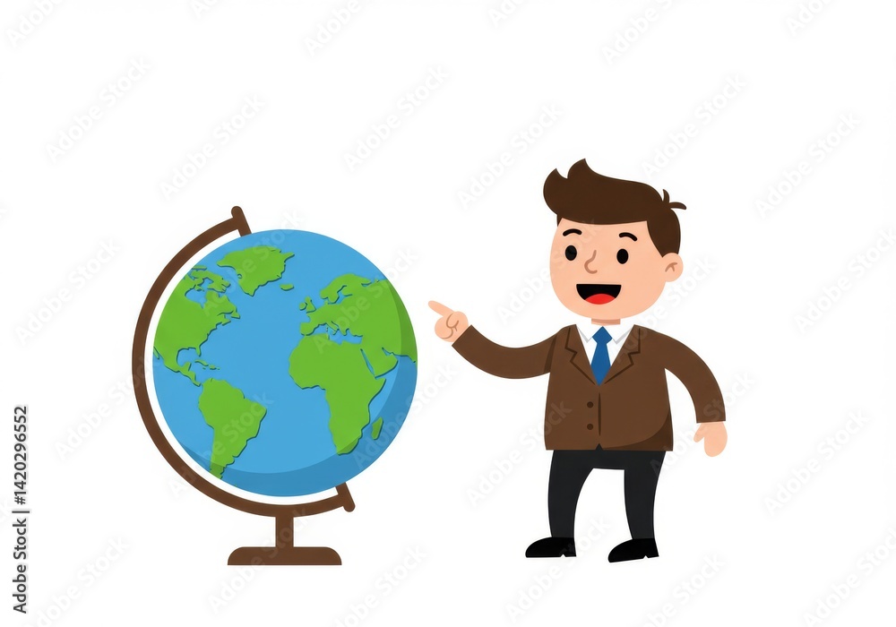 Happy teacher explaining geography with globe in classroom for educational purposes Happy teacher explaining geography with globe in classroom for educational purposes