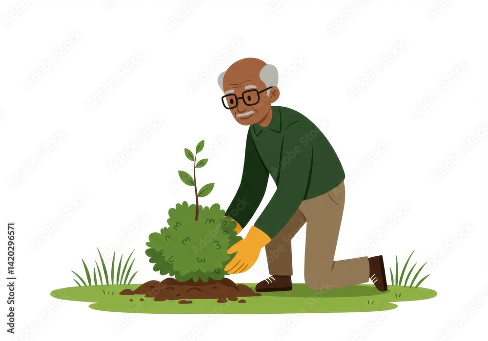 Elderly man planting tree in garden, promoting environmental sustainability and outdoor hobby