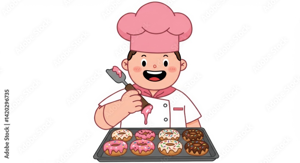 Happy cartoon chef holding donuts tray with frosting for bakery design