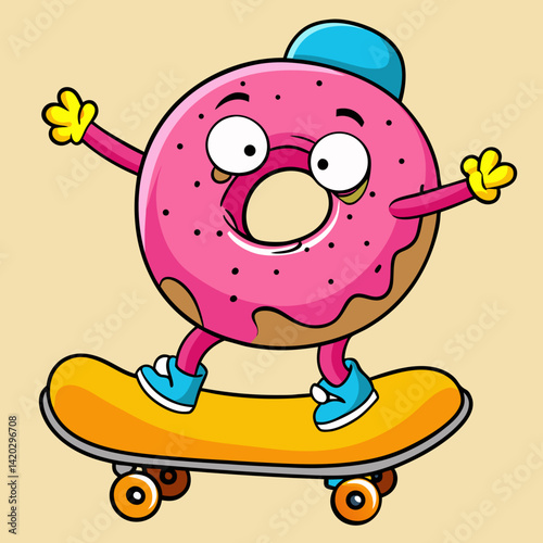 Energetic Cartoon Donut Skating with a Cheerful Attitude

