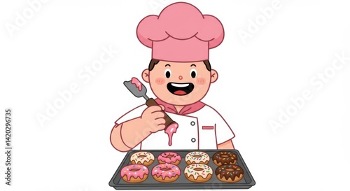 Obraz na płótnie Happy cartoon chef holding donuts tray with frosting for bakery design w salonie