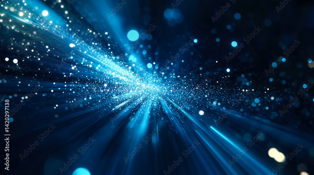 Bright blue particles burst through dark space creating a cosmic scene full of dynamic energy and motion
