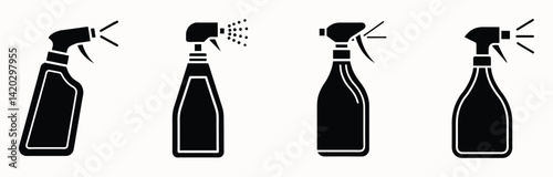 Black Vector Silhouette Set of Spray Bottle Icons – Cleaning, Disinfectant, and Household Liquid Dispenser Symbols