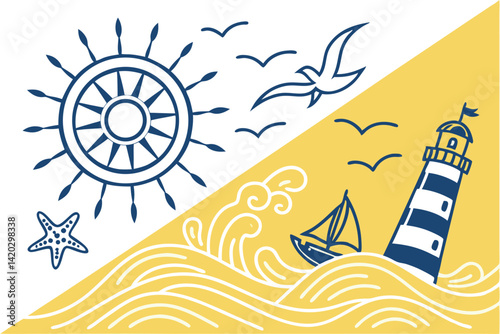55 Sun and sea icons, minimalist design, yellow and blue color scheme, waves and water splashes, stylized sun rays, curling ocean waves, abstract beach symbols, summer vacation logos, coastal motifs, 