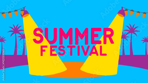 Exciting summer festival banner featuring stage lights and palm trees against a vibrant background