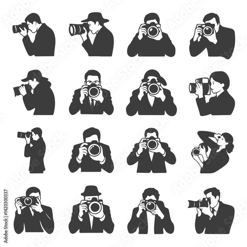 Sixteen Silhouette Icons of Photographers in Various Poses Holding and Using Cameras