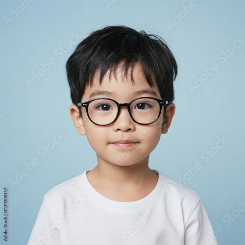 close up of a shy and timid and cute little asian boy with heavy glasses