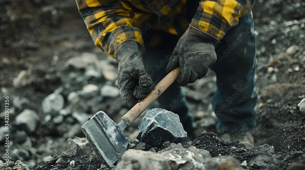 Fototapeta premium Lithium miner carefully extracting rock samples from an active excavation site. Featuring precision sampling and geological study