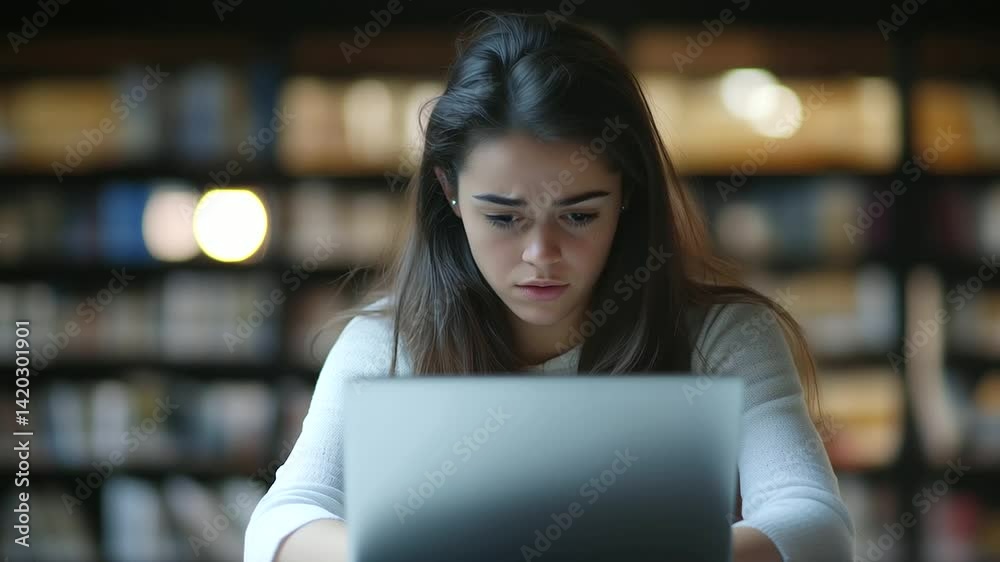 young Brazilian woman sitting at her desk, reading an unpleasant email on her laptop. Her face shows frustration and concern as she processes bad financial 
