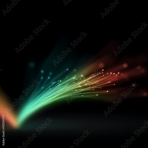 Spectral Fiber Optic Display with Shimmering Gradient and Light Burst on Black Backdrop Art