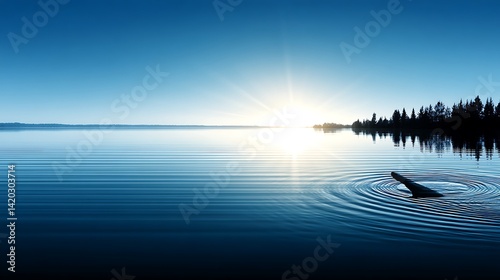 Splinter Slicing Through Serene Waterscapes Under Azure Skies At Sunrise With Trees Silhouetted.