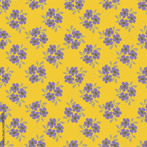 Vintage seamless floral pattern. Liberty style background of small mauve and lilac flowers. Small flowers scattered over a white background. Stock for printing on surfaces