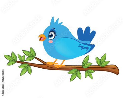 A cute, cartoon-style bluebird perched cheerfully on a leafy tree branch, singing with a happy expression. Bright, colorful, and playful illustration on a white background.