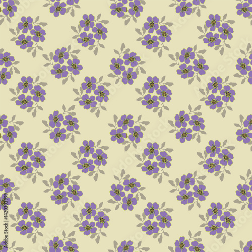 Vintage seamless floral pattern. Liberty style background of small mauve and lilac flowers. Small flowers scattered over a white background. Stock for printing on surfaces